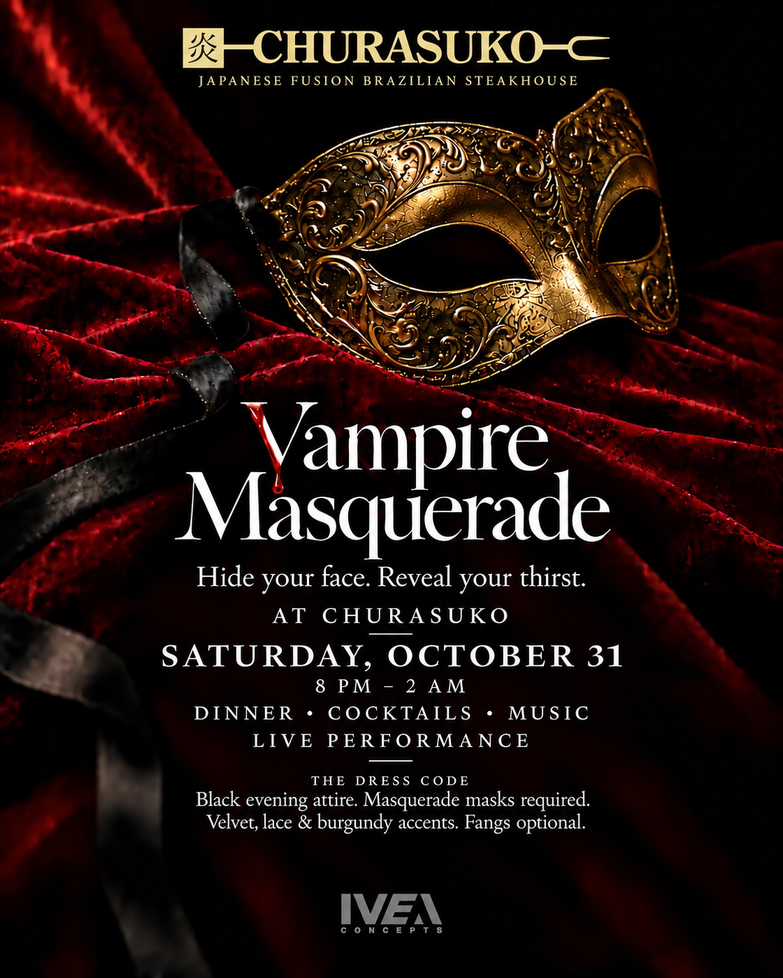 Vampire Masquerade Halloween night at Churasuko in Tysons, October 31, 2026